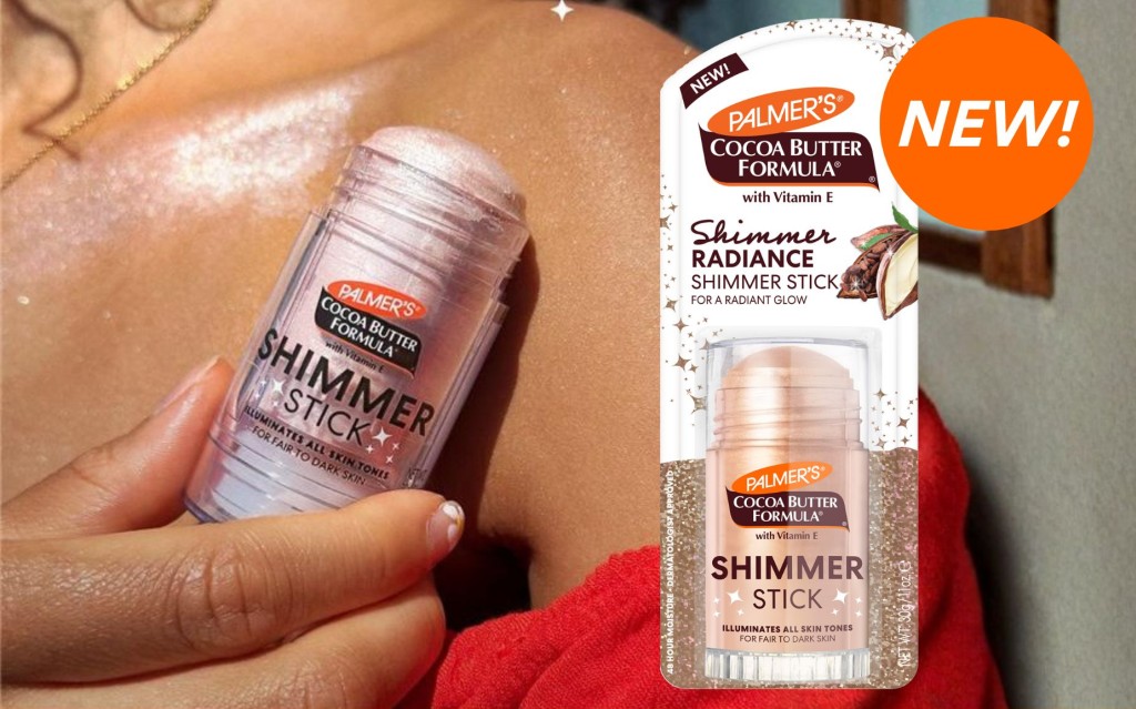 A woman's hand applies Palmer's Cocoa Butter Shimmer Stick to her shoulder, highlighting a radiant glow. The product packaging is shown nearby.